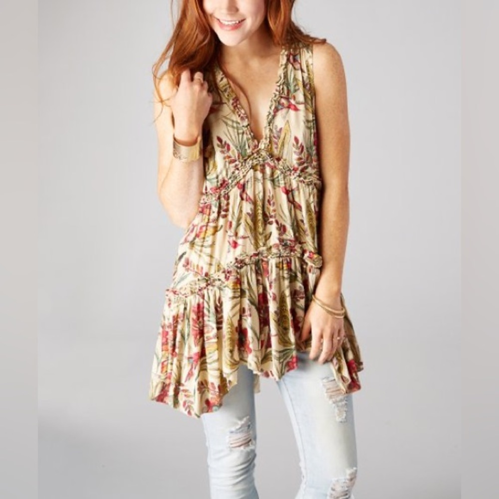 Free People Floral Tunic Top - Cream and Red